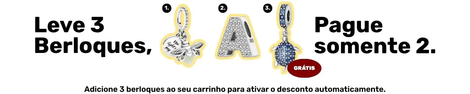 Leve 3 berloques e pague somente 2. Promoção de charms e pingentes de prata, com o terceiro item grátis.