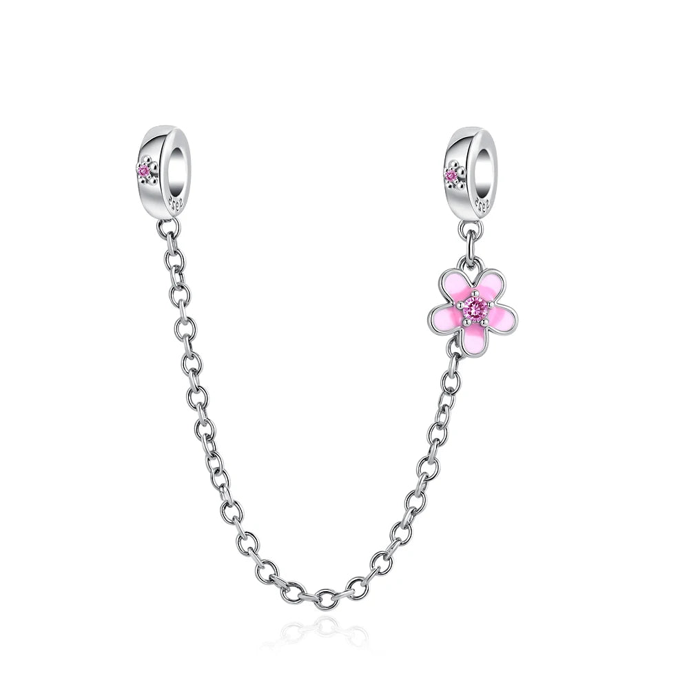 Corrente de Segurança Flor Rosa Charmz em Prata 925 – proteção e elegância para pulseiras de berloques.