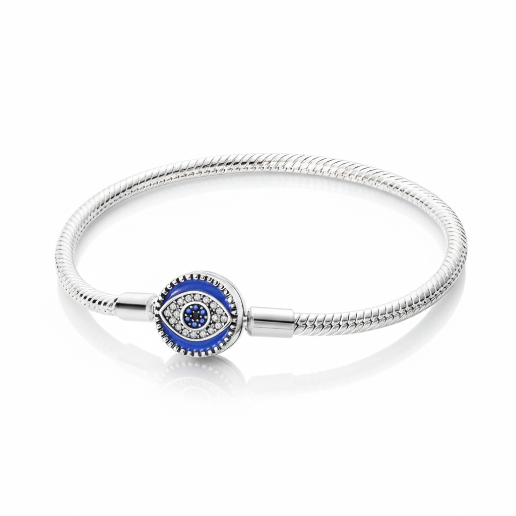 Pulseira Olho Grego em Prata 925 com detalhe azul, símbolo de proteção contra o mau-olhado e energias negativas.